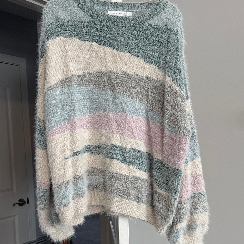 Altar'd State Cozy Striped Sweater in Green, Pink, and Cream